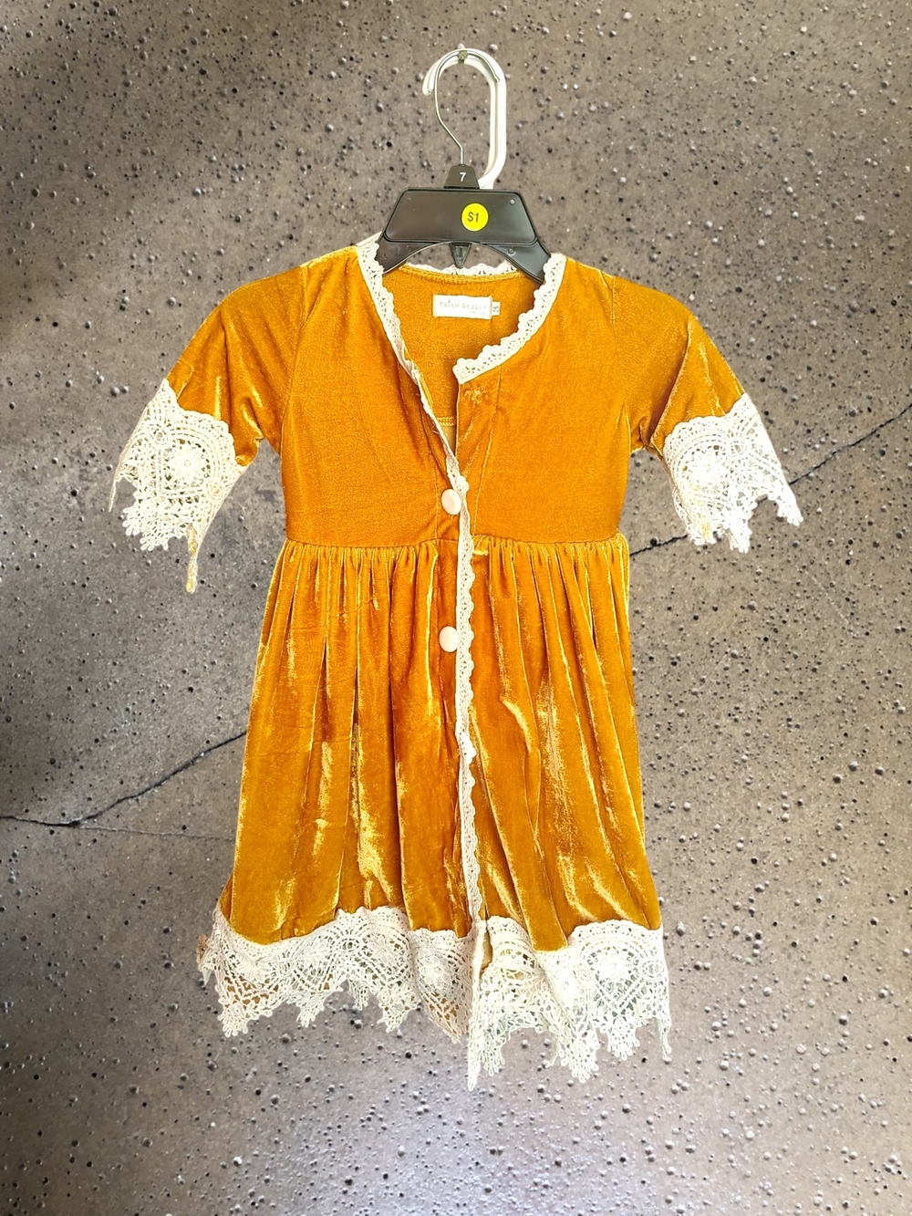 Gold Velvet Lace-Trim Girls' Formal Dress